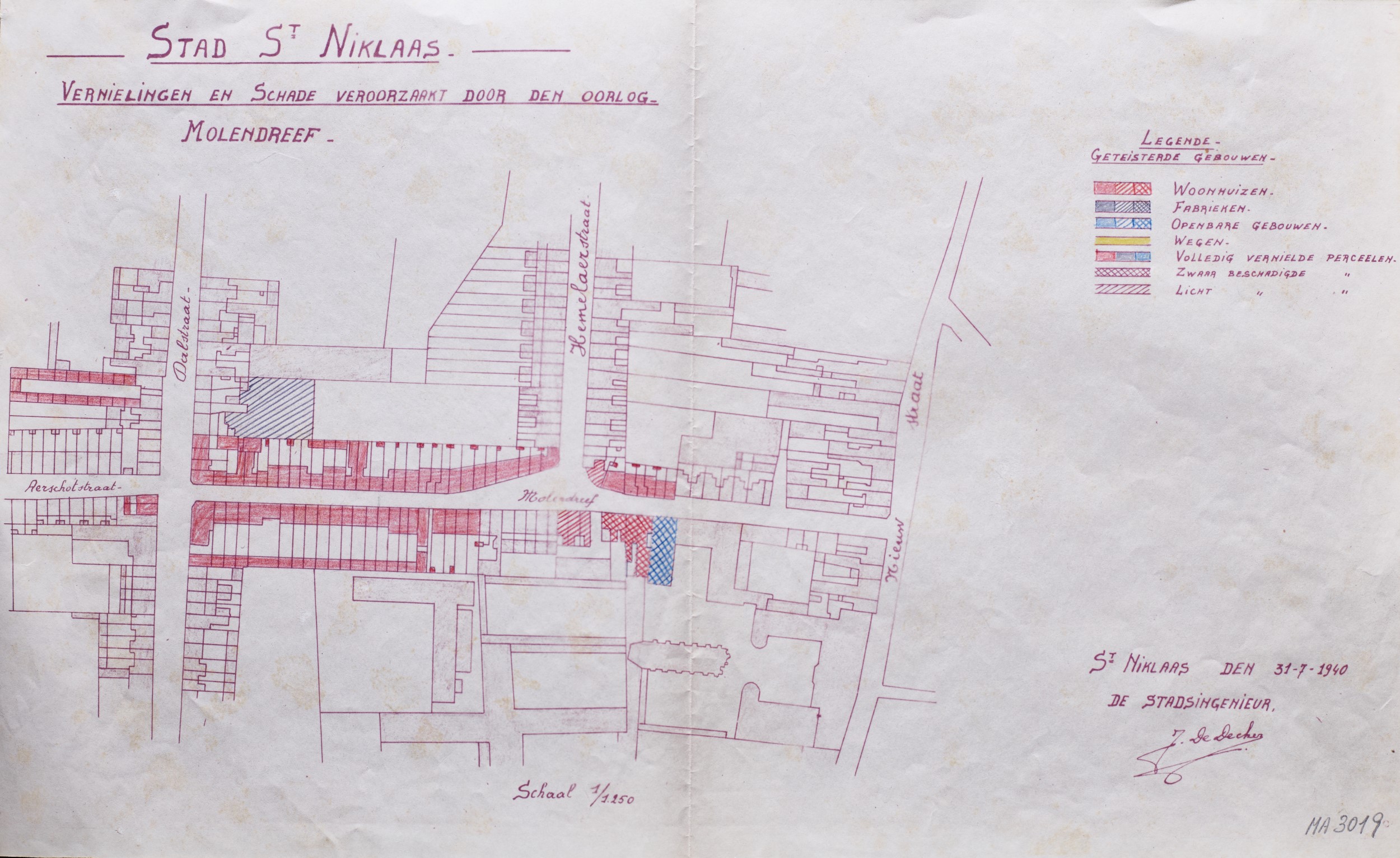 Grondplan van de Molendreef met aanduiding van de schade, 31 juli 1940 (MA 3019) © archief Stad Sint-Niklaas