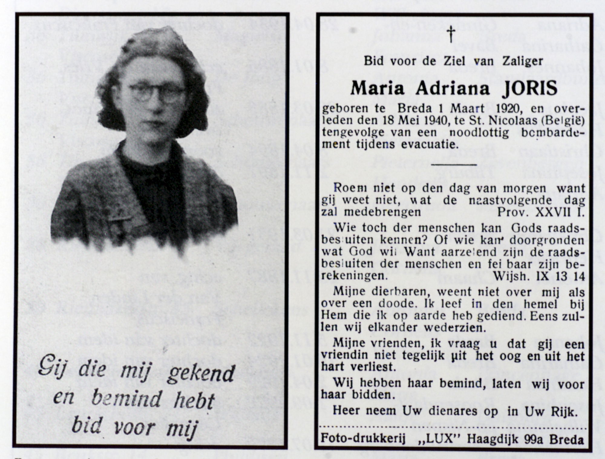 Rouwprentje van Maria Adriana Joris, mei 1940 © archief Stad Sint-Niklaas, schenking Raymond Heymans