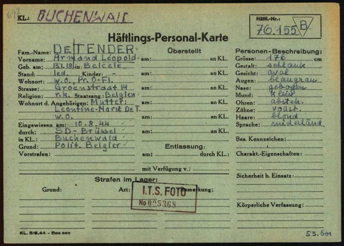 Registratiekaart van Armand De Tender in Buchenwald (Rijksarchief, dienst Archief Oorlogsslachtoffers)