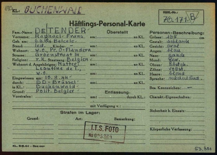 Registratiekaart van Raphaël De Tender in Buchenwald (Rijksarchief, dienst Archief Oorlogsslachtoffers)