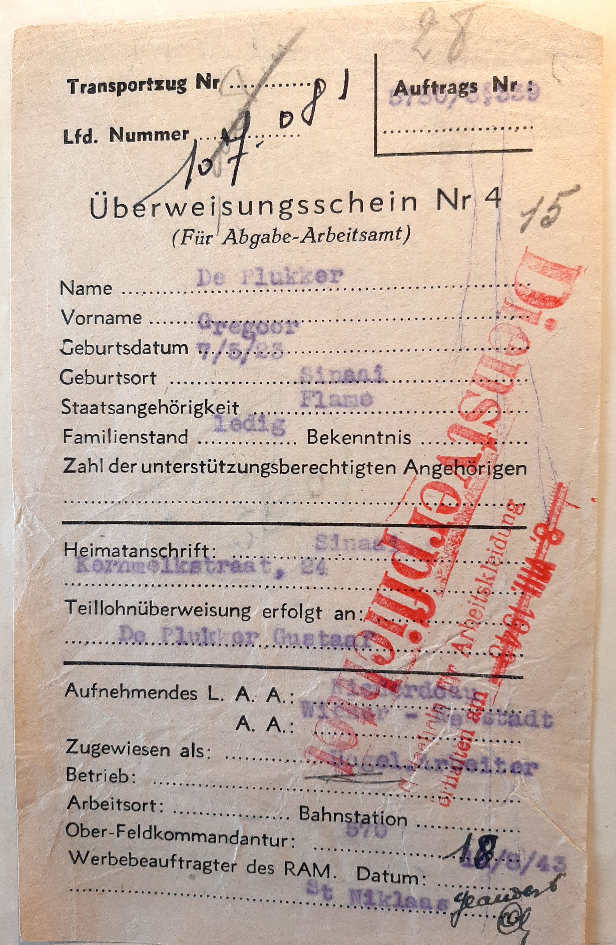Document over de verplichte tewerkstelling van Georges De Plukker (Rijksarchief, dienst Archief Oorlogsslachtoffers)